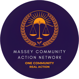 Massey Community Action Network badge: scales of justice over a sunrise, with the words One Community, Real Action